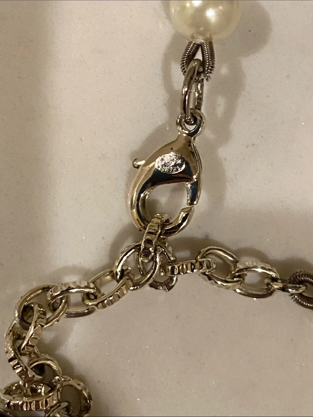 Pearl Bead Bracelet with Interlocking CC Logo Charm - Cream
